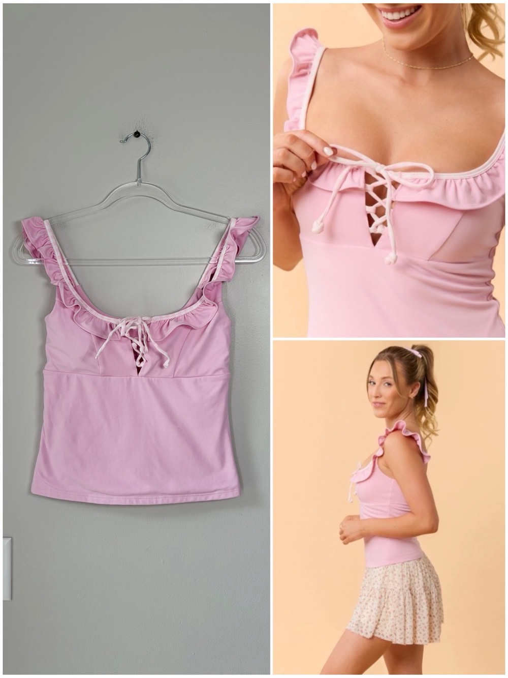 Blogilates Pink Ruffle Trim Lace Up Athletic Tank Workout Athleisure Flirty
